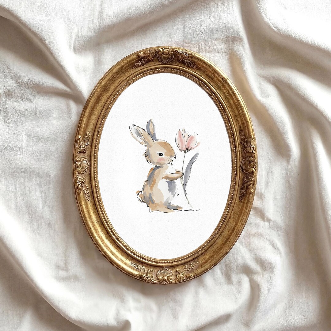 Rabbit Tulip Watercolor Art Print, Bunny Nursery Decor, Farm Animal ...