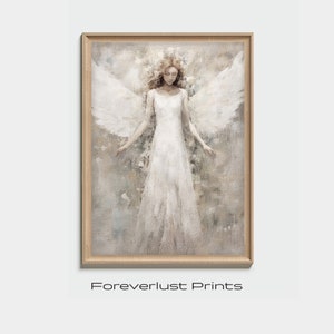 Guardian Angel Art Print, Angel Oil Painting, Minimalist Angelic Artwork, Religious Christian Wall Art, Spiritual Boho Unframed Giclee Print