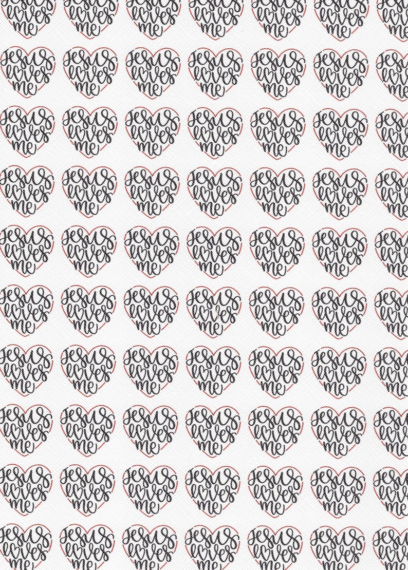 May include: A white background with a repeating pattern of red hearts. Each heart contains the text "Jesus loves me" in black cursive lettering.