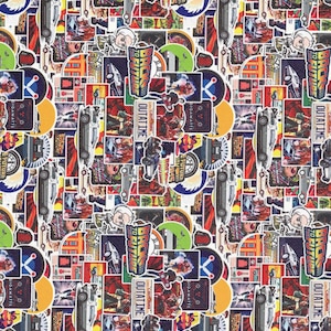 May include: A vibrant collage of stickers featuring imagery from the movie "Back to the Future." The design includes the DeLorean time machine, the phrase "Outatime," and other iconic elements in a repeating pattern. Colors include red, blue, yellow, and green.