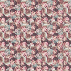 May include: A seamless pattern featuring a repeating design of a woman's face. The faces are in various shades of pink, red, and brown, and they are all smiling. The background is a light pink color.