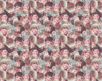 May include: A seamless pattern featuring a repeating design of a woman's face. The faces are in various shades of pink, red, and brown, and they are all smiling. The background is a light pink color.