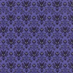 May include: Purple fabric with a repeating pattern of black ghosts with white eyes and teeth. The ghosts are surrounded by a black and white floral design.