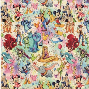 May include: A colorful pattern featuring various Disney characters such as Mickey Mouse, Minnie Mouse, Donald Duck, and others. The design includes castles, balloons, and other decorative elements, creating a whimsical and playful aesthetic.
