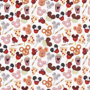 May include: A white background is covered with a repeating pattern of cartoon food and character faces. The pattern includes Mickey Mouse-shaped ice cream bars, donuts, popcorn, pizza slices, and pretzels.