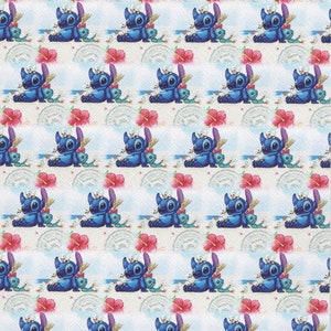 May include: A repeating pattern featuring a blue cartoon character with three white birds on its head. The character is sitting on a beach with pink flowers and white waves.