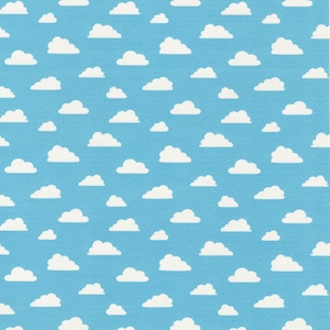 May include: A seamless pattern of white clouds on a light blue background. The clouds are evenly spaced and arranged in a repeating pattern.