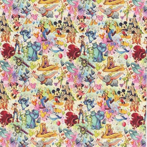 May include: A colorful pattern featuring various Disney characters, including Mickey Mouse, Minnie Mouse, Stitch, and others. The design incorporates a variety of colors and is set against a light background, creating a playful and whimsical aesthetic.