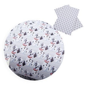 May include: White faux leather sheet with a repeating pattern of Dalmatian puppies wearing red collars. The puppies are facing forward and have black spots.