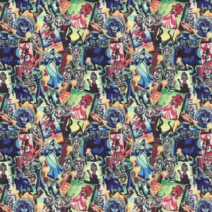 May include: A colorful, repeating pattern featuring various cartoon characters in a spooky theme. The design includes figures in blue, red, and green, with a textured appearance. The overall aesthetic is reminiscent of a haunted house or Halloween.