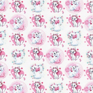 May include: A white background with a repeating pattern of pink hearts, white dots, and white cats with pink bows. The cats are in different poses, some are sitting, some are standing, and some are looking at the viewer.