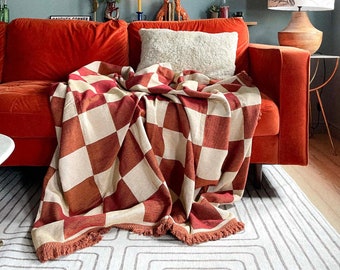 Recycled Cotton Blanket Throw - Checkered Terracotta