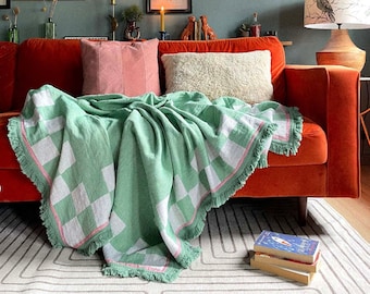 Recycled Cotton Blanket Throw - Checkered Cactus - Green