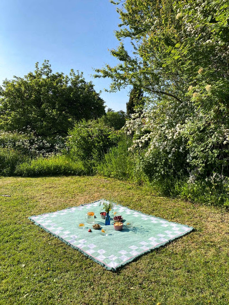 Recycled Cotton Blanket Throw Checkered Cactus Green image 3