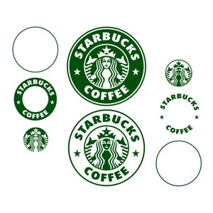 May include: Green Starbucks logo with the text "Starbucks Coffee" in a circle. The logo features a mermaid with a crown and a star on each side of her head. There are smaller versions of the logo in the image as well.
