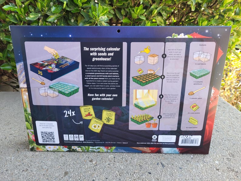 May include: A calendar with seeds and a greenhouse, featuring instructions and illustrations for planting. The calendar includes a small greenhouse, soil tablets, and seed packets. The text on the calendar reads "The surprising calendar with seeds and greenhouse!"