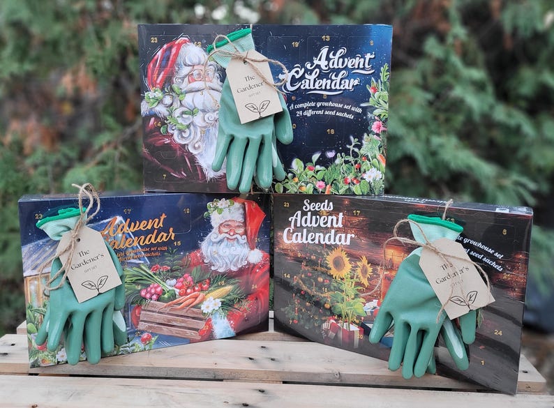 Garden Lover's Advent Seed Calendar Complete Gift Set - Seeds, Dirt, Tags, Spoon, Gloves, and Mini Greenhouse image 1