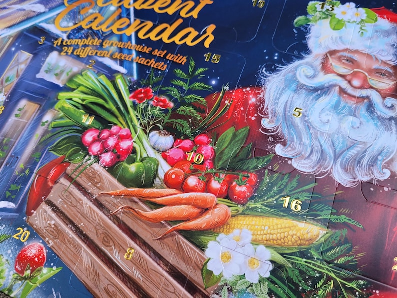 May include: Advent calendar with a Santa Claus illustration and a complete greenhouse set with 24 different seed packets. The calendar features illustrations of vegetables like carrots, tomatoes, and corn.