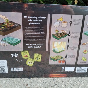 May include: A gardening calendar with seeds and a greenhouse. The calendar includes a box with the number 25, a small spoon, and a green tray. The text on the calendar reads, "The surprising calendar with seeds and greenhouse!" and "Have fun with your own garden calendar!"