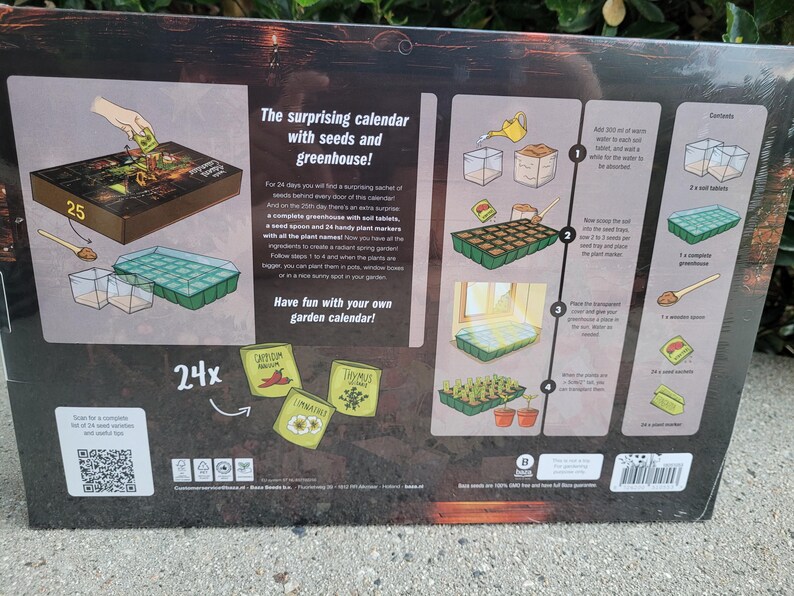 May include: A gardening calendar with seeds and a greenhouse. The calendar includes a box with the number 25, a small spoon, and a green tray. The text on the calendar reads, "The surprising calendar with seeds and greenhouse!" and "Have fun with your own garden calendar!"