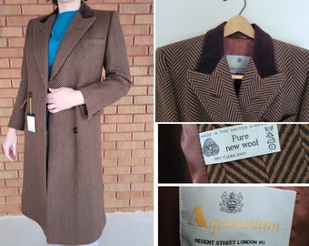 Vintage NEW 1970's Aquascutum Women's Long Wool Coat Brown Chevron Pattern