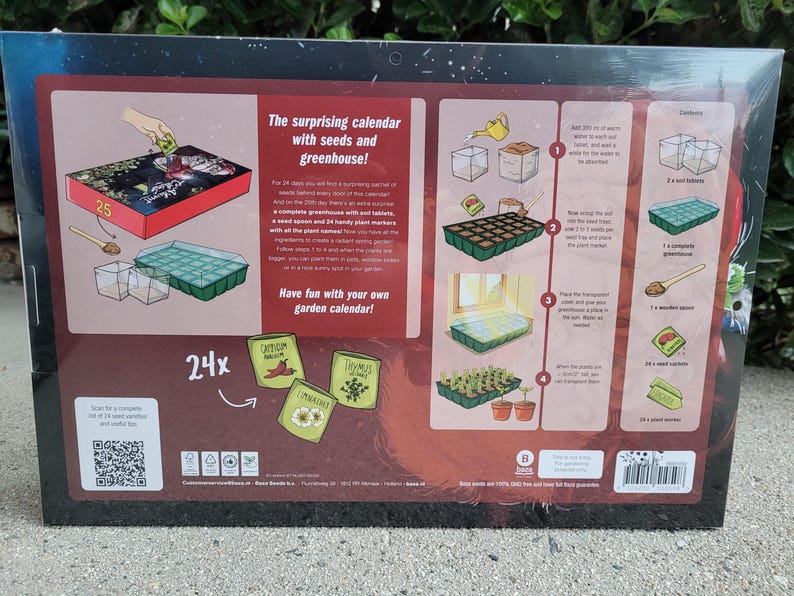 May include: A gardening calendar with seeds and a greenhouse. The calendar includes a red box with the number 25, seed packets, a small greenhouse, and instructions. The text reads "The surprising calendar with seeds and greenhouse!" and "Have fun with your own garden calendar!"