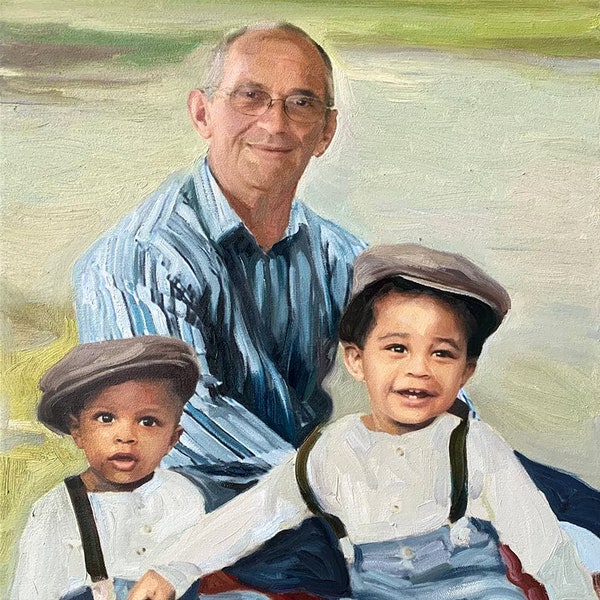 Commission family oil portrait painting on canvas from photo, Custom art, Photo to painting, child portrait, gift for dad, family gift