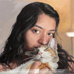 Handmade Woman Oil Painting From Photo Commission Cat Portrait on Canvas Personalized Gift For Wife