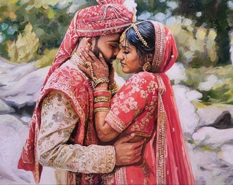 Aangepaste portret van Indiase bruiloft op canvas commissie paar schilderij van foto jubileumcadeau