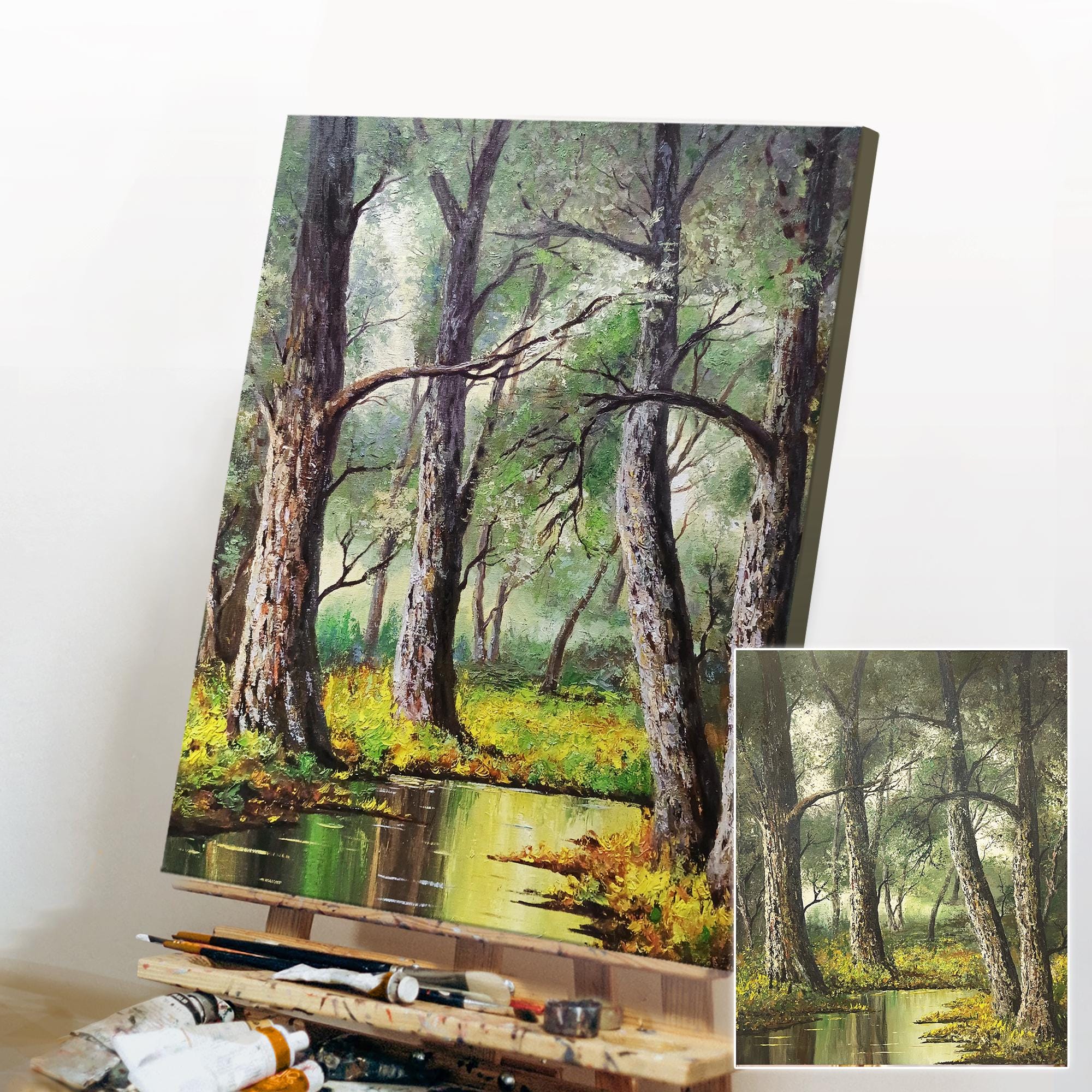 写真からのカスタム油絵、手描きの風景画、森と川の風景、キャンバスに