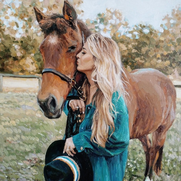 Handmade Horse Oil Painting from Photo Custom Woman Portrait on Canvas Personalized Gift for Wife