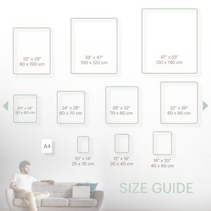 Op de afbeelding: Een maattabel voor prints, met verschillende maten in inches en centimeters. De tabel bevat een persoon die op een bank zit om de grootte van de prints te visualiseren.