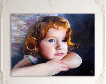 Op maat gemaakt kinderportret in olieverf op canvas van een foto, wanddecoratie in opdracht, kinderportretschilderij, persoonlijk kerstcadeau voor het hele gezin