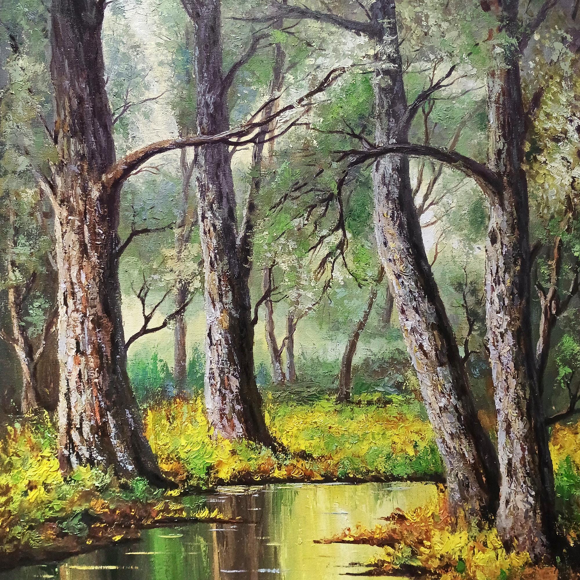 写真からのカスタム油絵、手描きの風景画、森と川の風景、キャンバスに