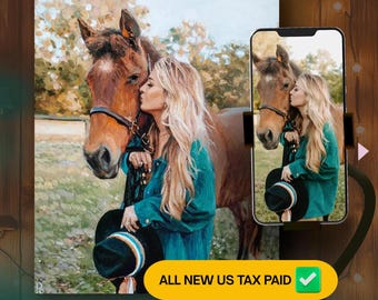 Ritratto a olio personalizzato da foto – Dipinto su tela di cavallo e donna, idea regalo dipinta a mano, opera d&#39;arte personalizzata per animali domestici o familiari