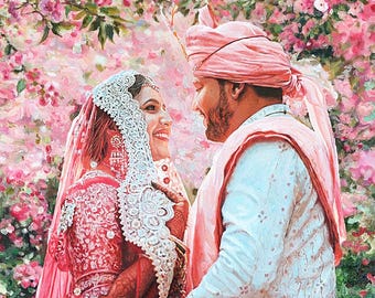Op maat gemaakt Indiaas echtpaarportret op canvas, olieverfschilderij van een trouwfoto, jubileumschilderij in opdracht, uniek Indiaas kerstcadeau