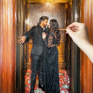 May include: An oil painting depicts a couple in formal attire inside an elevator. The man wears a black suit, and the woman is in a black patterned dress. The elevator interior features wood paneling and a patterned carpet.