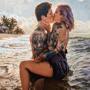 May include: An oil painting depicting two individuals embracing and kissing in shallow ocean water at a beach. Both figures have extensive black ink tattoos on their arms and shoulders. The scene is set during daylight with palm trees visible.