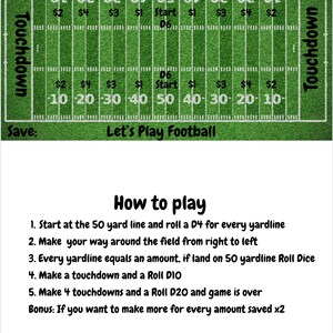 Puede incluir: Un tablero de juego de campo de fútbol verde con líneas de yardas, números y el texto "Football Time". El tablero incluye instrucciones sobre cómo jugar, con el texto "Let's Play Football."