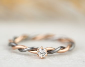 Verlobungsring " Zelia " aus 585/- Roségold und Tantal mit Krappenfassung und Diamant, Kordelring, Bicolor