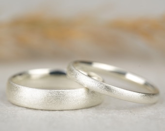 Wedding ring set silver matt | Wedding rings set needled | Silver rings rings engagement ring partner rings | Ring made of delicate silver