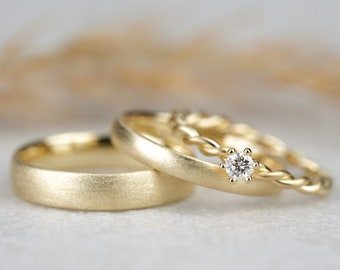Trouwringen geelgouden set verlovingsringen koordring Isi | Trouwringen gouden ringen | Mat ijs mat 333, 585, 750 | Trouwpartner ringen vintage boho