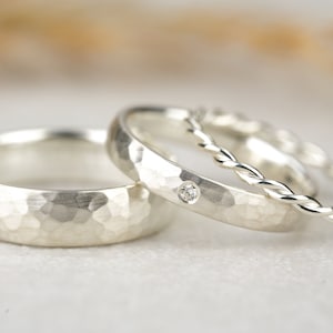 narrow wedding rings set hammered diamond silver | Wedding rings set with cord ring | Silver rings accessory ring engagement ring partner rings