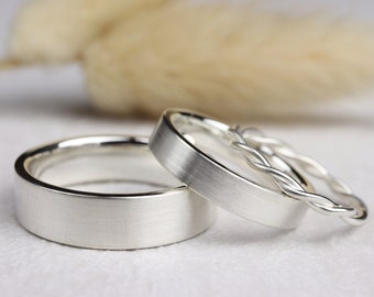 Narrow Wedding Rings Set " Vintage "| simple silver rings with cord ring | Silk matt combine minimally personalized | Wedding Rings Wedding