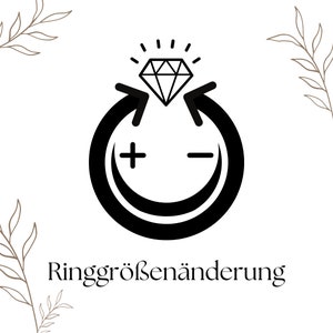 Könnte beinhalten: Schwarz-weiß-Illustration eines Rings mit einem Diamanten oben. Der Ring ist von Pfeilen umgeben, die in entgegengesetzte Richtungen zeigen, mit Plus- und Minuszeichen im Ring. Der Text "Ringgrößenänderung" befindet sich unter dem Ring.
