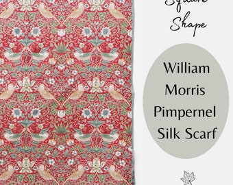 Strawberry Thief Red William Morris Silk Scarf, Luxury Fashion Accessory, Made in Canada, Pocket Square, Long or Square, Mother's Day