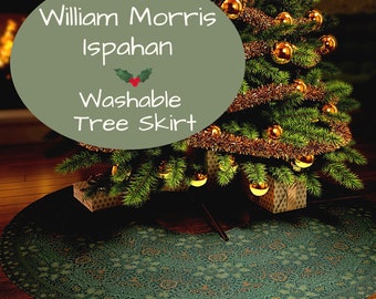 William Morris Green Tree Skirt, Ispahan Pattern, 57 Inches Wide Faux Suede Fabric, Easy Care Washable, Printed in USA, Arts and Crafts