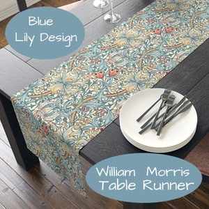 William Morris Lily Table Runner, Blue Terra Cotta Beige, 72 or 90 Inches, Easy Care Polyester, Printed in USA, Arts and Crafts