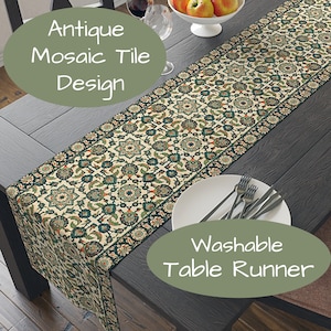 Green Mosaic Table Runner, Antique Tile Style Pattern, Choice of 72 or 90 Inches, Easy Care Polyester, Printed in USA,