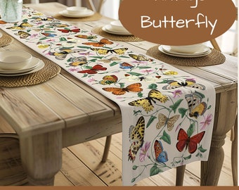 Butterflies Table Runner, Vintage Art Design, 72 or 90 Inches, Natural Cotton Fabric, Printed in USA, Orange Yellow Green, Nature Decor